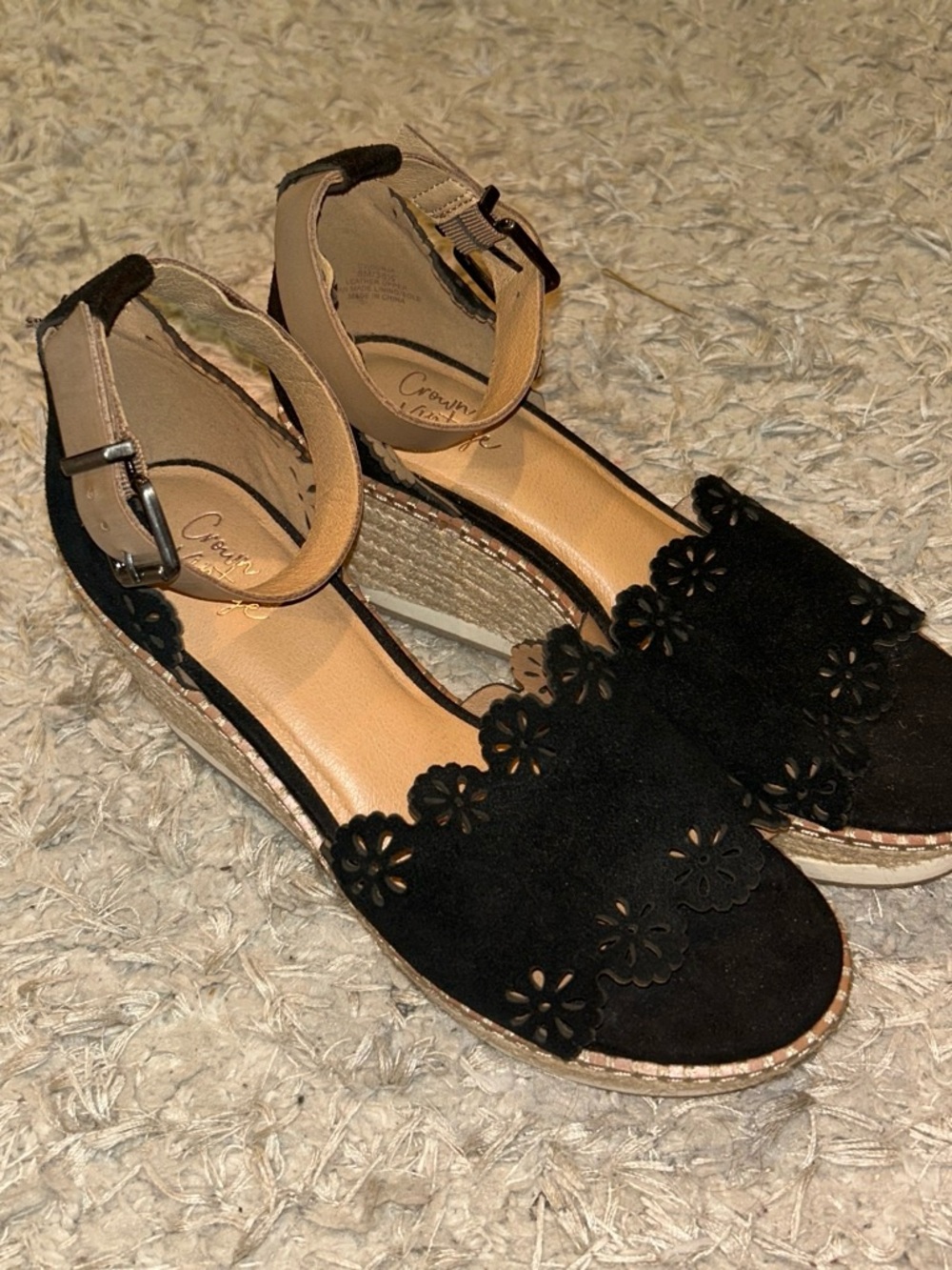 Crown Vintage Black Suede Floral Cutout Espadrille Wedges with Tan Ankle Strap
